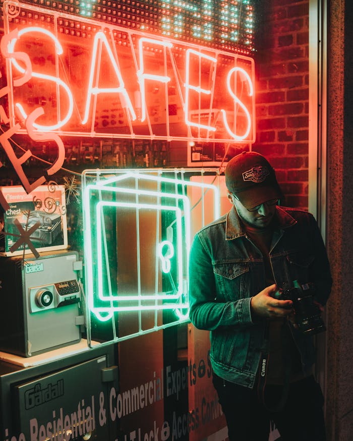 Man in denim jacket with camera standing by neon-lit safe display in urban setting at night.